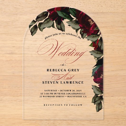 Donkerrood groen bloemenmoody gotische trouwboog acryl uitnodigingen (Voorkant)