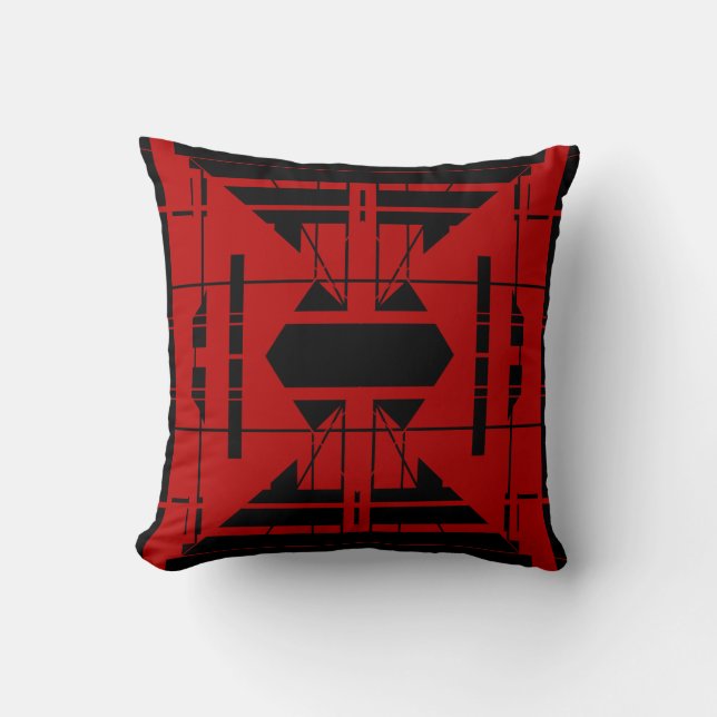 Donkerrood met zwart symmetrisch abstract ontwerp kussen (Voorkant)