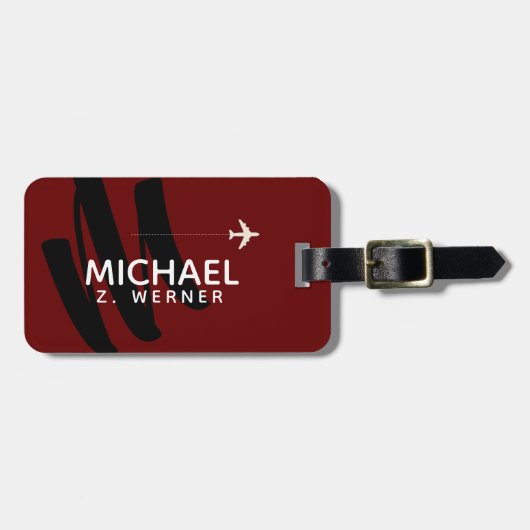 Donkerrood monogram bagagelabel (Voorkant horizontaal)