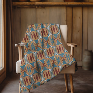 Donkerrood Teal Blauw Taupe Bruin Tribale Mozaïek  Fleece Deken