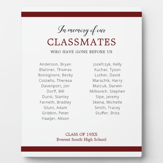 Donkerrood ter nagedachtenis van klasgenoten Names Fotoplaat (Voorkant)