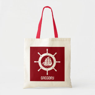 Donkerrood & wit nautisch bootwiel tote bag