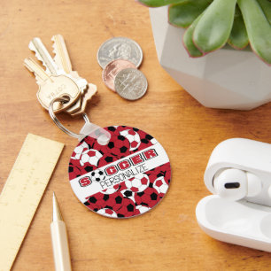 Donkerrood, zwart en wit Voetbal Sleutelhanger