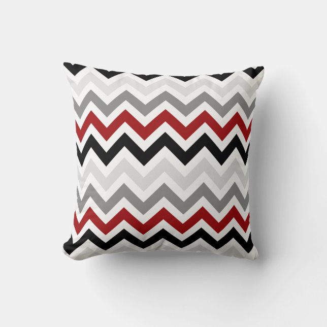 Donkerrood Zwart Grijs Chevron Zigzag Patroon Kussen (Voorkant)