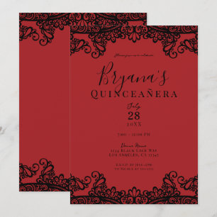 Donkerrood & Zwart Kant Elegante Quinceañera Kaart