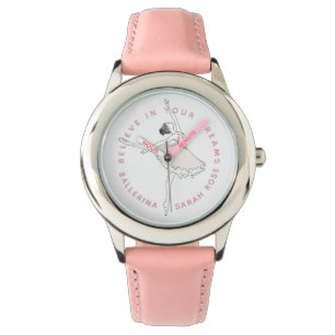 Donkerroze Ballerina Meisje Gepersonaliseerde Naam Horloge