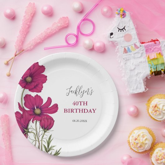 Donkerroze Cosmos Bloemengroen Verjaardag Papieren Bordje (Feest)