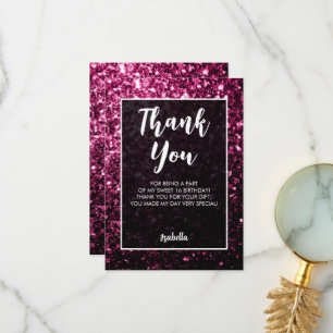 Donkerroze glitters Sweet 16 elegante script Bedankkaart