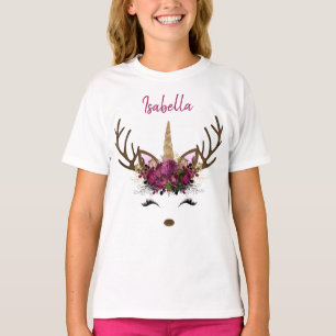 Donkerroze goudmonogram kerstavond unicorn rendier t-shirt