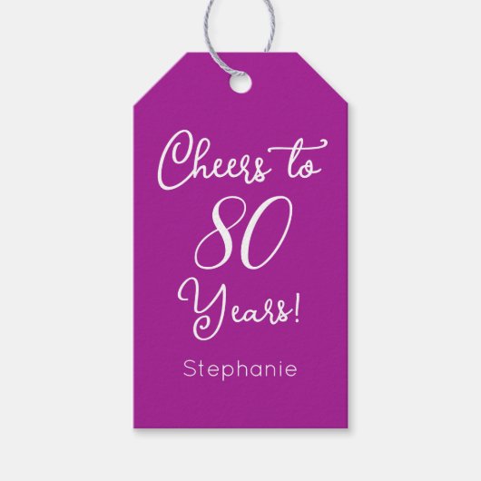 Donkerroze juichen voor 80 jaar verjaardag gunst cadeaulabel (Voorkant)