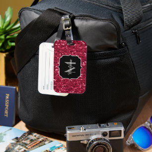 Donkerroze magenta faux sparkles Monogram Bagagelabel
