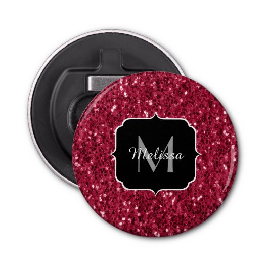 Donkerroze magenta faux sparkles Monogram Button Flesopener (Voorkant)