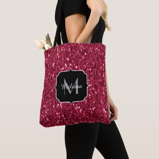 Donkerroze magenta faux sparkles Monogram Draagtas (Dichtbij)