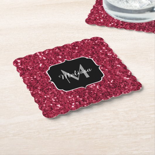 Donkerroze magenta faux sparkles Monogram Kartonnen Onderzetters (Gebogen)
