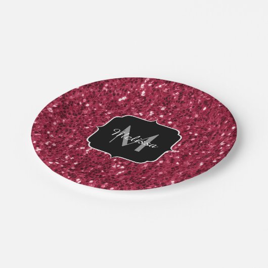 Donkerroze magenta faux sparkles Monogram Papieren Bordje (Gekanteld)