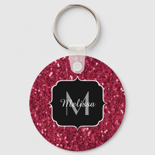 Donkerroze magenta faux sparkles Monogram Sleutelhanger (Voorkant)