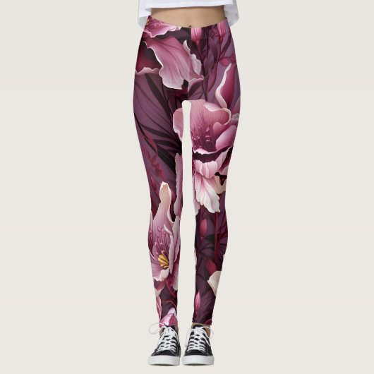 Donkerroze orchideeën patroon leggings (Voorkant)