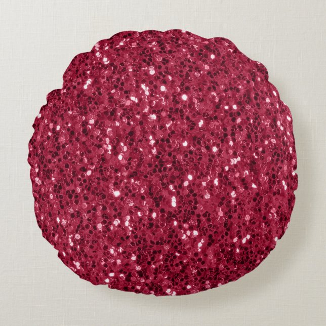 Donkerroze rood magenta faux fonkelt glitters rond kussen (Voorkant)