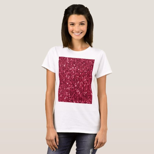 Donkerroze rood magenta faux fonkelt glitters t-shirt (Voorkant volledig)