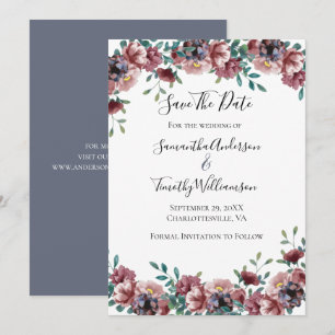 Donkerroze stoffige roos blauw groen eucalyptus bl save the date