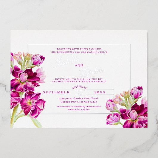 Donkerroze waterverf bruiloft goud lijst folie uitnodiging (Voorkant)