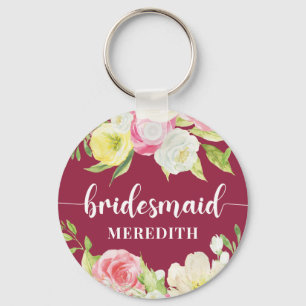 Donkerroze Waterverf Floral Bridesmaid Name Sleutelhanger