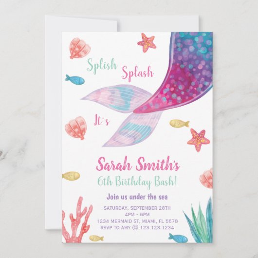 donkerroze zeemeermin staart verjaardag kaart (Voorkant)