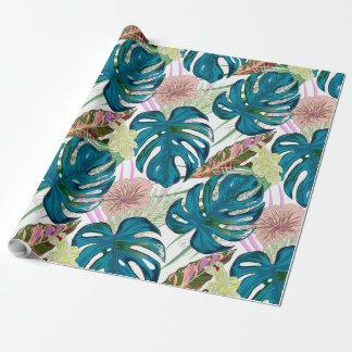 Donkerturquoise monstera, fijne perzik en geel cadeaupapier