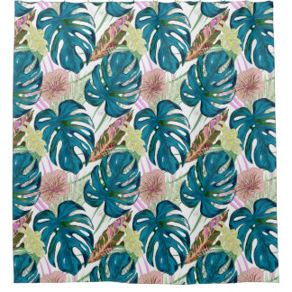 Donkerturquoise monstera, fijne perzik en geel douchegordijn