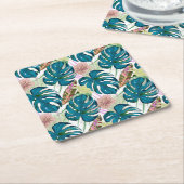 Donkerturquoise monstera, fijne perzik en geel vierkante kartonnen onderzetter (Schuin)