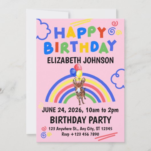 Donkey Birthday Invitation in Pink (Devant)