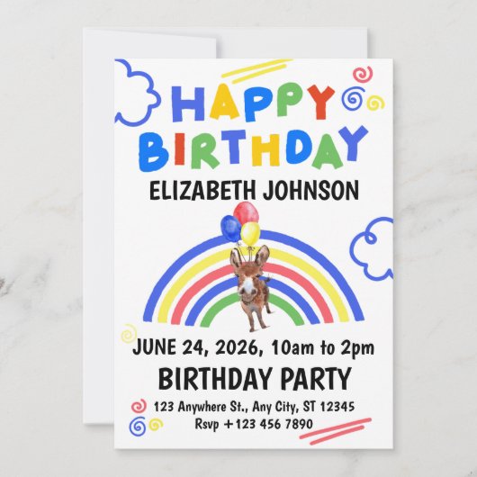 Donkey Birthday Invitation White (Devant)