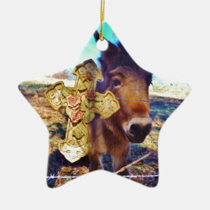 Donkey met Roos Cross Keramisch Ornament