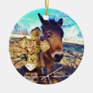 Donkey met Roos Cross Keramisch Ornament