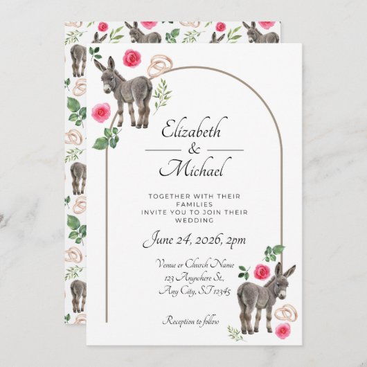Donkey Pink Floral Wedding Invitation (Devant / Derrière)