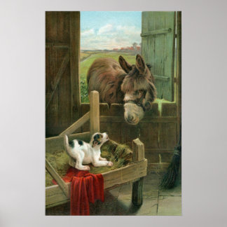 Donkey & Puppy Dog in Manger Old Barnyard Poster