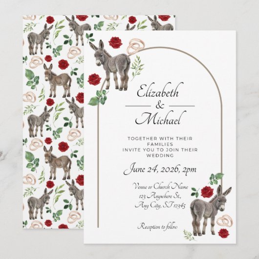 Donkey Red Floral Wedding Invitation  Kaart (Voorkant / Achterkant)