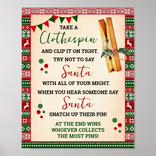 Don't Say Santa Clothespin Game Ugly Sweater Sign Poster (Voorkant)