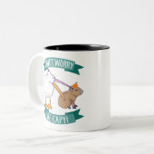 Don't Worry, Be Capy. Capybara Orange Unbothered Tweekleurige Koffiemok (Voorkant links)
