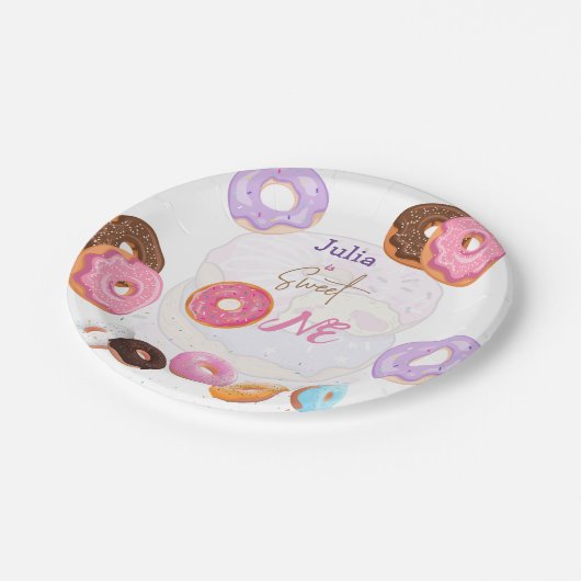 Donut 1 jarig meisje papieren bordje (Gekanteld)