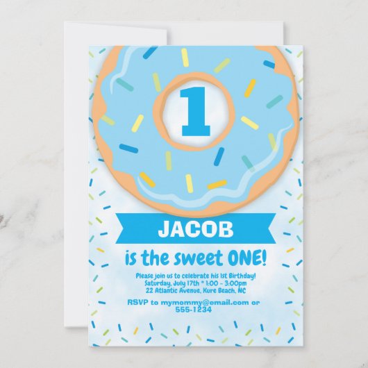 Donut 1e Verjaardag Uitnodiging Jongen strooit (Voorkant)