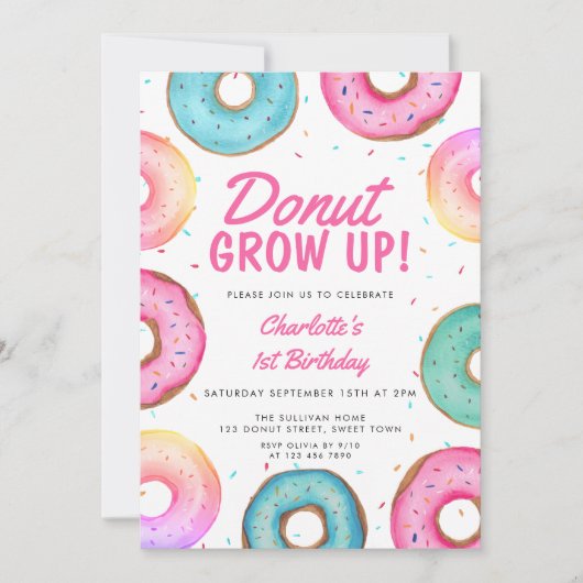 Donut 1e Verjaardag Uitnodiging Meisje Donut Grow (Voorkant)