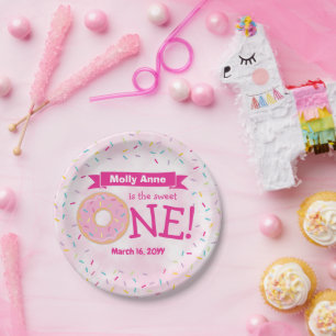 Donut 1st Birthday Girl Rainbow Sprinkles Papieren Bordje