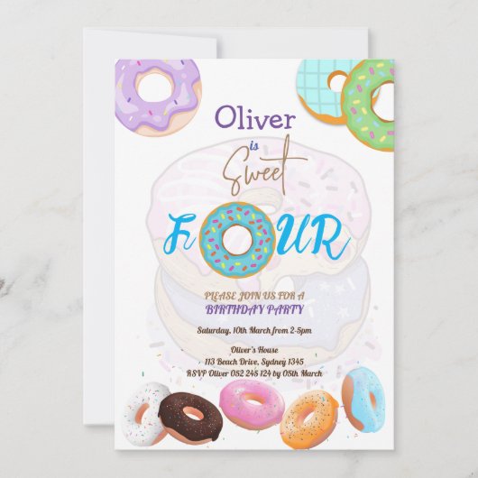 Donut 4 anniversaire invitation garçon (Devant)