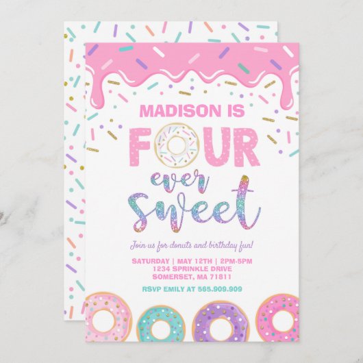 Donut 4e anniversaire Invitation Donut Four Ever S (Devant / Derrière)