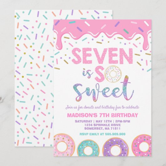 Donut 7e anniversaire Invitation Donut Seven is Sw (Devant / Derrière)