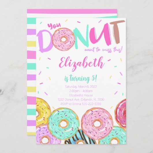 Donut Birthday Invitation, Donut Kaart (Voorkant / Achterkant)