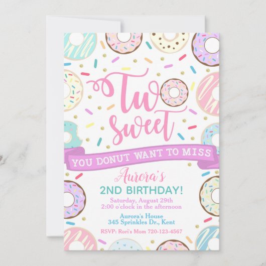Donut Birthday Invitation Two Sweet Party Kaart (Voorkant)