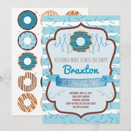 Donut Birthday Party Invitation for a Boy Kaart (Voorkant / Achterkant)