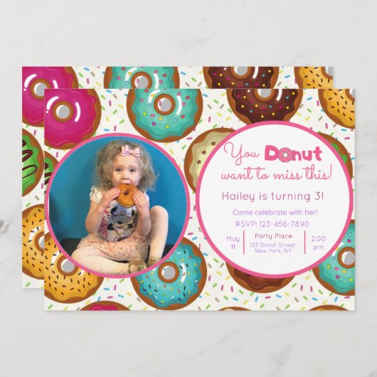 Donut Birthday Party Photo Invitation Kaart (Voorkant / Achterkant)